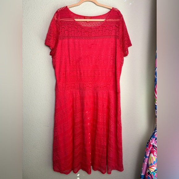 Signature by Sangria Coral Red Lace Overlay Short Sleeve Fit & Flare Dress 20W - Picture 2 of 12